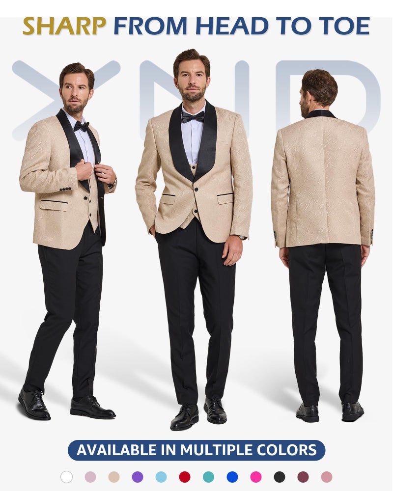 YND طقم توكسيدو فاخر للرجال من YND مكون من 3 قطع، جاكيت برباط واحد بتصميم جاكار، سترة ضيقة الساق وبنطلون، توكسيدو متميز للرجال، بيج - Image 2